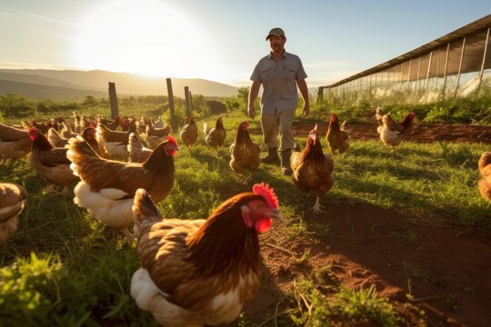 farmer nurtures free-range chickens in a sustainable, nature-friendly farming environment.