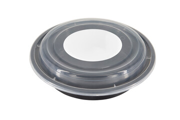 Black plastic food containers with transparent lid and white cardboard label 01