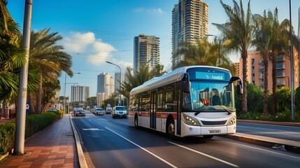 a white bus driving down a street next to tall buildings