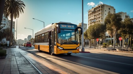 a yellow bus driving down a street next to tall buildings - obrazy, fototapety, plakaty