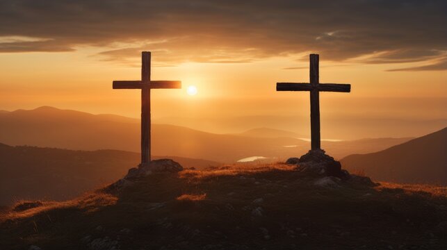 Image of two christian crosses over landscape with sun glowing on orange sky. easter celebration, religion and tradition concept