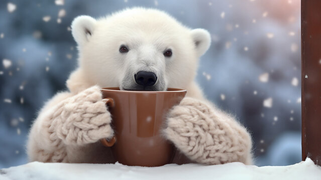 Polar Bear In A Warm Sweater Drinking Hot Chocolate.