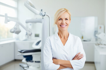 Female dentist smiling while standing in dental clinic. Highly qualified doctor posing at dental clinic over modern cabinet. - Powered by Adobe