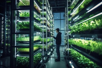 Fototapeta premium Urban farming innovation: Vertical farming agriculture to cities, urban landscapes.