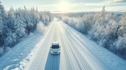 White car driving on winding road through snowy forest, sun light. Concept winter travel, aerial view - Powered by Adobe