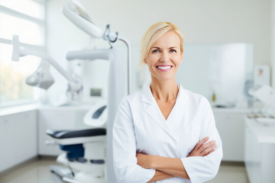 Female dentist smiling while standing in dental clinic. Highly qualified doctor posing at dental clinic over modern cabinet.