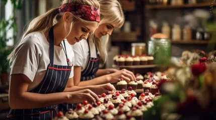 Poster Women in pastry bakery working on muffins putting berries on top © Aliaksandr Siamko
