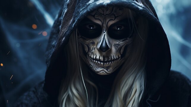 Woman with skull makeup in hood looks at camera, Halloween face art
