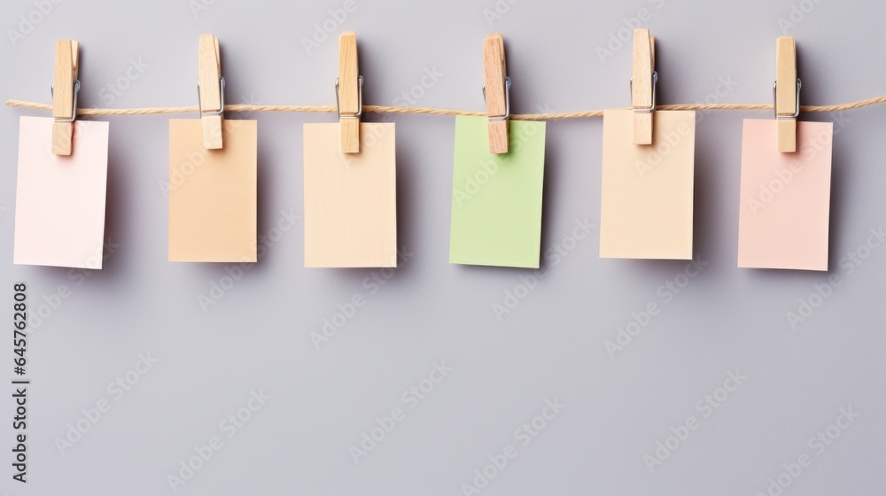 Sticker wooden clothespins with blank notepapers on twine against gray background. space for text