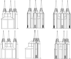 Obraz premium Sketch vector illustration of holy church architectural design with 3 glass filled towers