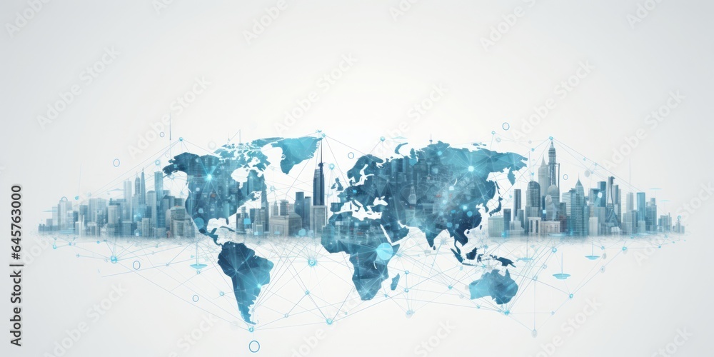 Poster Global IoT and Internet Connectivity World Map on White Background, Illuminating in Light Blue, Depicting the High-Tech Digital Network, Worldwide Communication and Cyber Connectivity