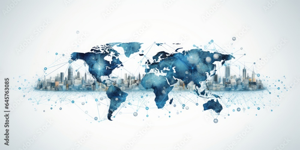 Poster global iot and internet connectivity world map on white background, illuminating in light blue, depi