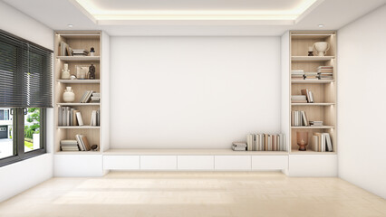 apartment interior design Living room, empty space Minimalist modern style empty space White walls, furniture, counter, display cabinet, bookshelves, parquet floor, natural light. 3D rendering
