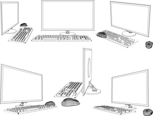 Sketch vector illustration of personal computer with mouse and keyboard