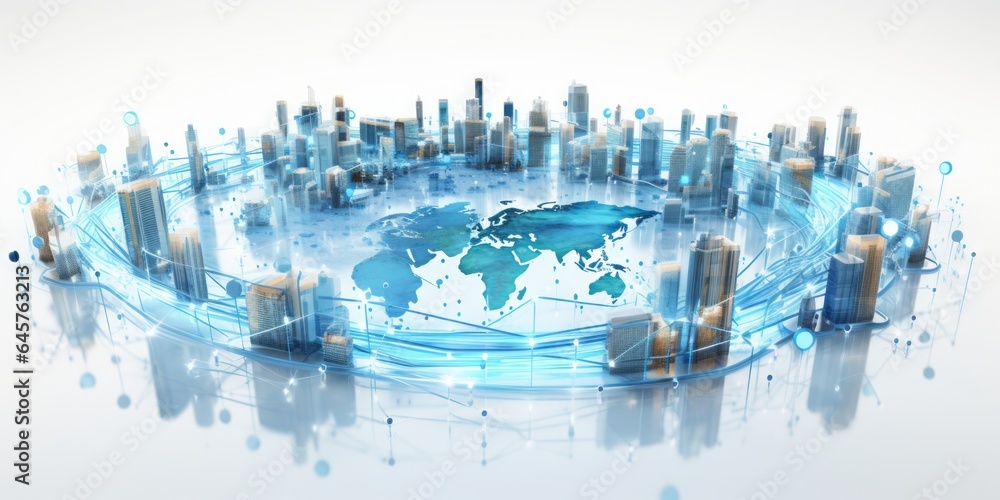Poster global iot and internet connectivity world map on white background, illuminating in light blue, depi