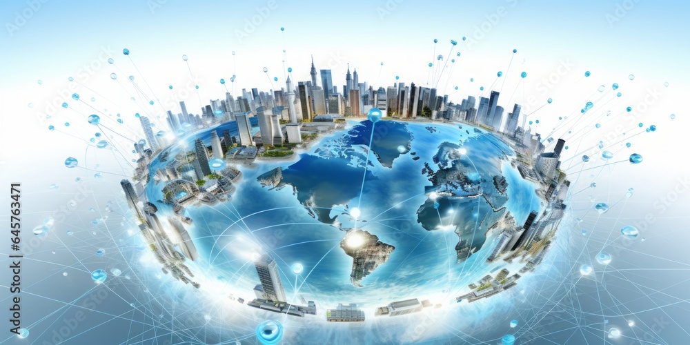 Poster global iot and internet connectivity world map on white background, illuminating in light blue, depi
