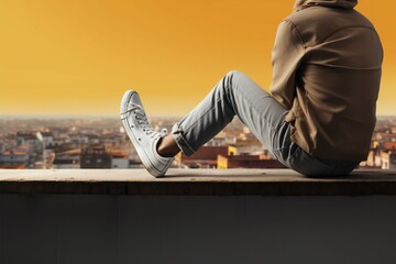 a person sitting on a ledge with their feet up - obrazy, fototapety, plakaty