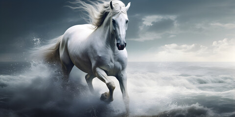 Obraz na płótnie Canvas White horse running across the water
