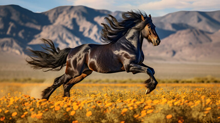 Black horse running across the small flowers bed