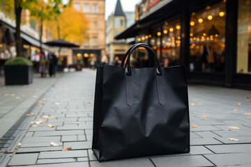 Obraz premium Black shopping bag casually rests on the streets bustling sidewalk