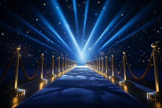 Blue carpet adorned with ropes and spotlights, an events focal point