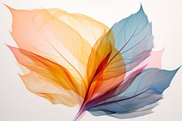 Naklejka premium Colorful Leaf in Abstract Design with Bright Shades, Showcasing Transparency and Translucency on a Clean White Background, a Captivating Blend of Art and Nature's Vibrant Beauty
