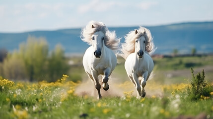 Fototapeta premium Two white horses running together at the countryside