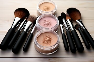 Cosmetic essentials showcased on a white table brush, powder, makeup