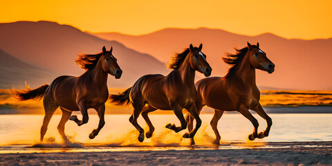 Horses group running across the water