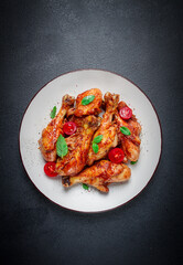 fried chicken legs, in soy sauce, spices, herbs, top view, homemade,