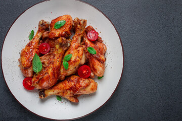 fried chicken legs, in soy sauce, spices, herbs, top view, homemade,