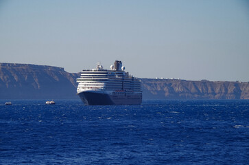 Luxury cruiseship cruise ship liner Eurodam anchoring at sea on sunny summer day during...