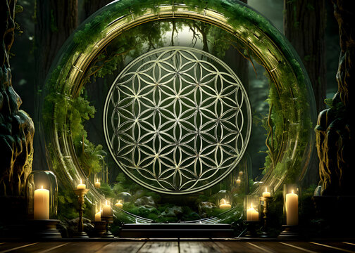 Flower Of Life symbol (sacred geometry), in a mystic portal made of roots, candles and moss, embedded in a mysterious jungle.