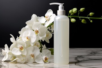 Obraz na płótnie Canvas Lotion and a graceful white orchid share a serene tableau