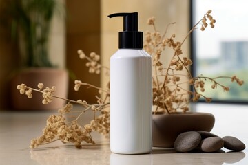 Obraz na płótnie Canvas Lotion bottle gracing a countertop, a touch of daily skincare
