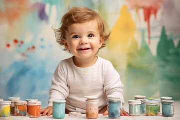 baby child artist in the making explores creativity with colorful paints, joyfully embracing the messy yet beautiful world of childhood artistry