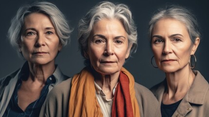 Fototapeta premium Diverse seniors with stylish grey hair express anger in a studio. Generative AI