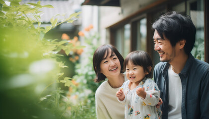 A joyful Japanese family of four enjoys quality time at outside home, radiating love, and happiness in a beautiful outdoor portrait - obrazy, fototapety, plakaty