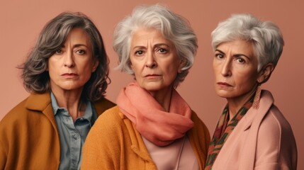 Fototapeta premium Diverse senior women display anger in a studio, wearing neutral clothes and grey hair. Generative AI