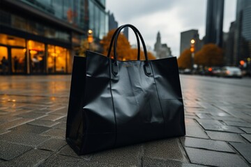 On the roadside, a black shopping bag observes urban life