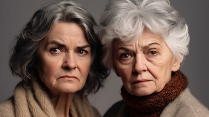 Two senior women showcasing anger, diverse skin tones, and grey hair in a studio. Generative AI