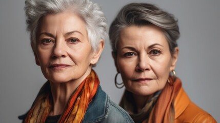 Angry seniors in a studio, wearing neutral outfits, with stylish grey hair. Generative AI