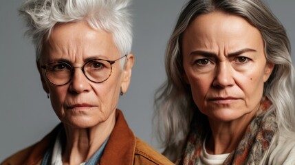 In a studio setting, two seniors display anger with stylish grey hair. Generative AI