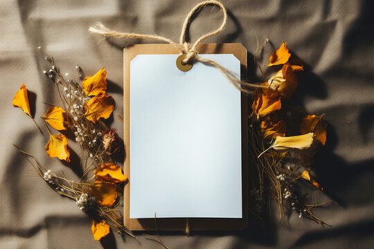 Open book composition adorned with dry leaves, blank pages, serene tones