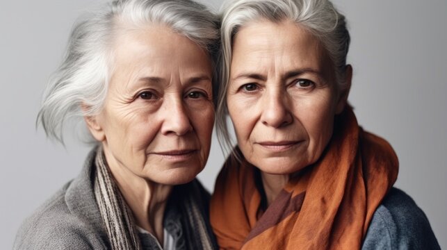 Different ethnicities of senior women, elegantly adorned with grey hair and dressed in neutral attire, convey sadness in a studio image. Generative AI