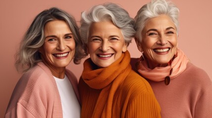 Obraz premium Joyful older ladies, showcasing diverse skin tones, chic grey hair, and neutral clothing in a studio photograph. Generative AI