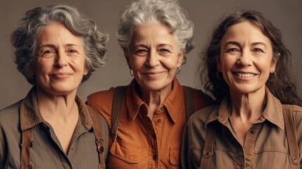 Fototapeta premium A studio image featuring two happy senior women, elegantly adorned with grey hair and dressed neutrally, with different skin tones. Generative AI