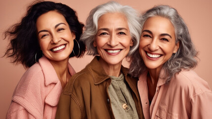Senior women beaming with joy, representing different skin tones, stylish grey hair, and neutral attire, photographed in a studio setting. Generative AI