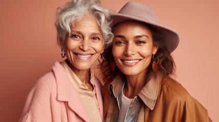 Two delighted senior women, each with distinct skin tones, wearing stylish grey hair and neutral outfits, in a studio setting. Generative AI