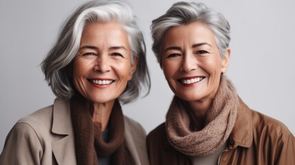 Two senior women with smiles of joy, showcasing varying skin tones, stylish grey hair, and neutral outfits, set in a studio background. Generative AI